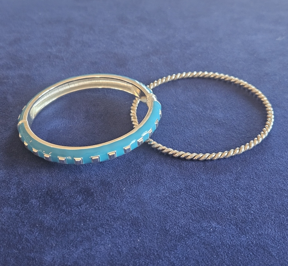 Bangle Bracelet Stacking Silver and Blue Set